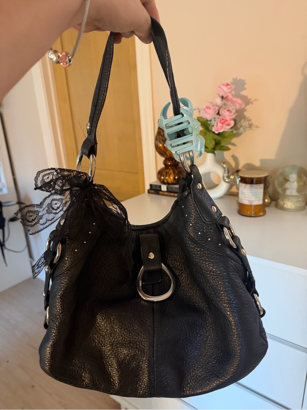 Franco Sarto Black Pebbled Leather Ring-Detail Shoulder Bag